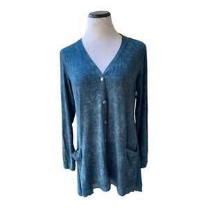 LOGO by Lori Goldstein Teal Cardigan Sweater M Soft Stretch Layering Cozy